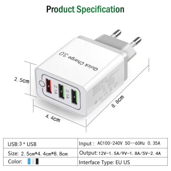 Fast 3 USB Charger Quick Charge 3.0 Fast USB Wall Charger Portable Mobile Charger QC 3.0 Adapter for Xiaomi iPhone X EU US Plug - Image 2