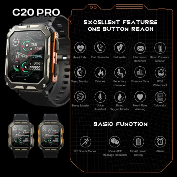 C20 PRO 2025 New up Smart Watch Bluetooth call blood pressure detection IP68 waterproof Men sports Smartwatch For xiaomi watches - Image 6