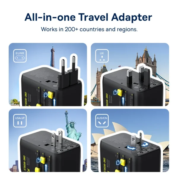 Baseus GaN Charger Universal Travel Adapter Built in 70W Retractable Cable 2AC 2 USB-A Type-C Fast Charging EU/UK/USA/AUS - Image 2