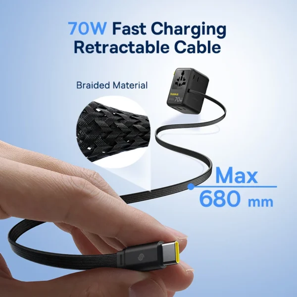 Baseus GaN Charger Universal Travel Adapter Built in 70W Retractable Cable 2AC 2 USB-A Type-C Fast Charging EU/UK/USA/AUS - Image 4