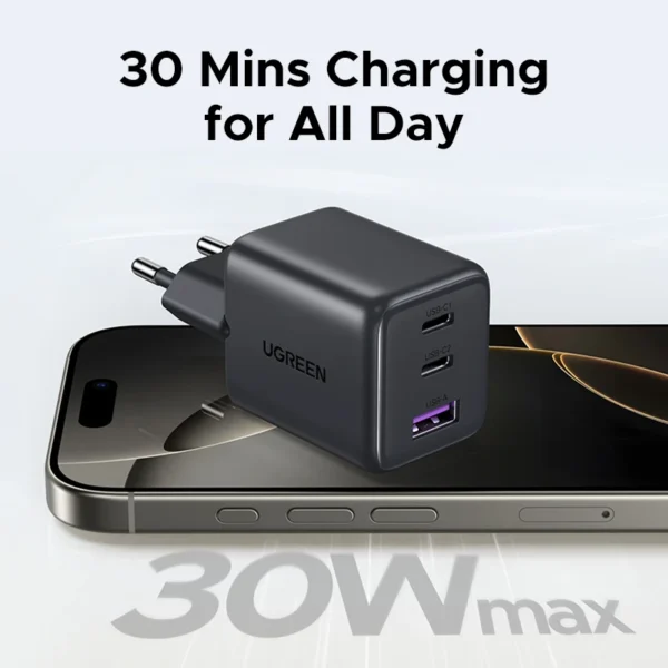 UGREEN 30W GaN Charger 3 Ports PD 3.0 USB C Charger For iPhone 16 15 14 Pro Max Samsung S25 Xiaomi Tablet iPad Air Phone Charger - Image 3