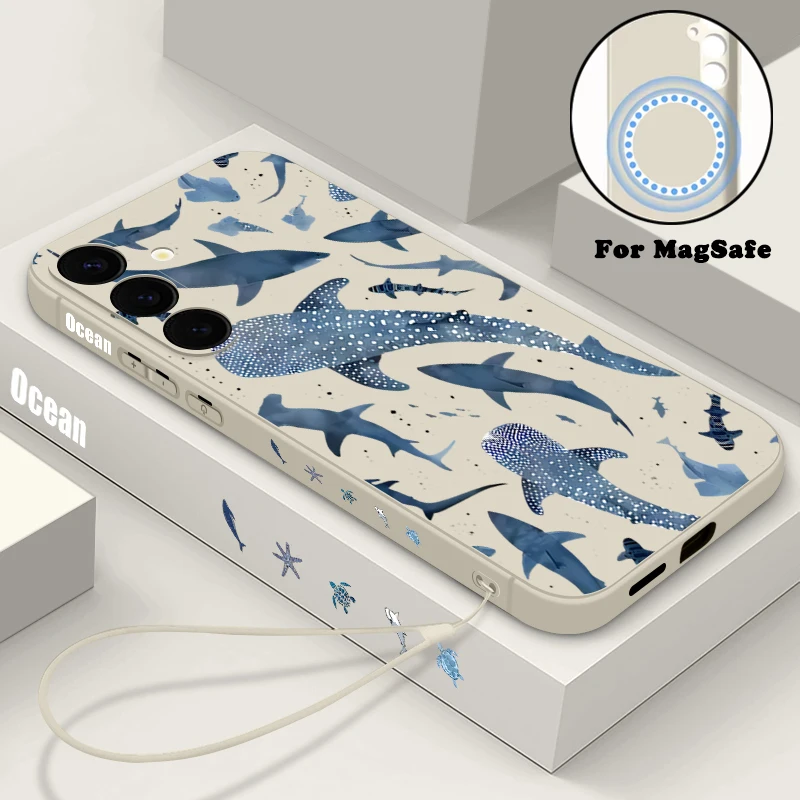 Whale Phone Case For Samsung Galaxy S24 FE S25 S24 S23 S22 Ultra S21 Plus For Magsafe Wireless Charge Magnetic TPU Lanyard Cover