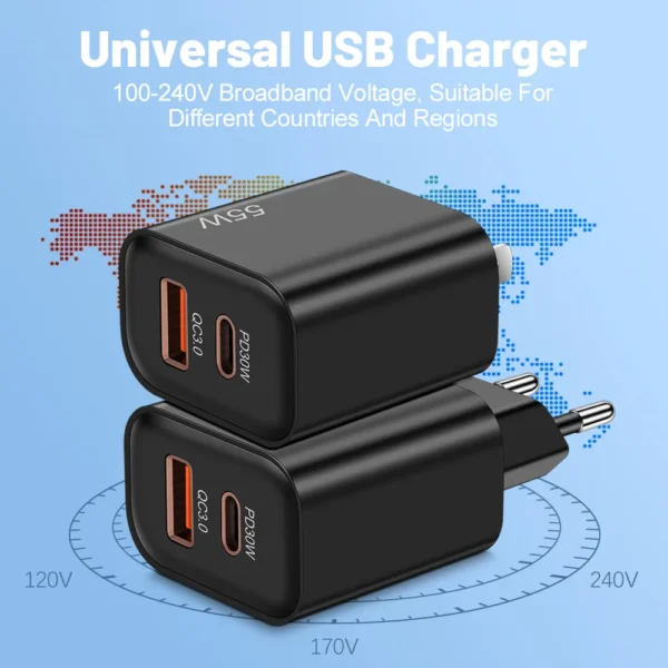 55W PD Fast USB Charge Charger 2 Ports EU US Plug Wall Charger Adapter For iPhone Xiaomi Huawei Samsung USB C Phone Charger - Image 6