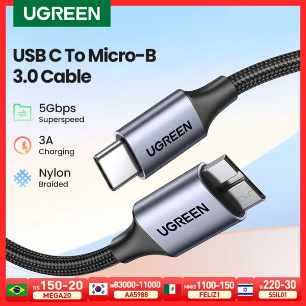 Ugreen USB C to Micro B 3.0 Cable 5Gbps 3A Fast Data Sync Cord For Macbook Hard Drive Disk HDD SSD Case USB Type C Micro B Cable