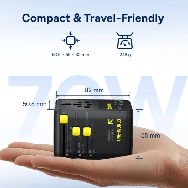 Baseus GaN Charger Universal Travel Adapter Built in 70W Retractable Cable 2AC 2 USB-A Type-C Fast Charging EU/UK/USA/AUS - Image 6