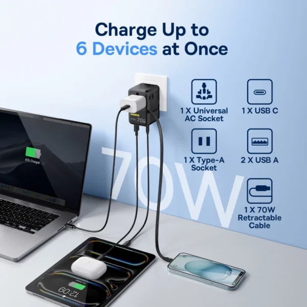 Baseus GaN Charger Universal Travel Adapter Built in 70W Retractable Cable 2AC 2 USB-A Type-C Fast Charging EU/UK/USA/AUS - Image 5