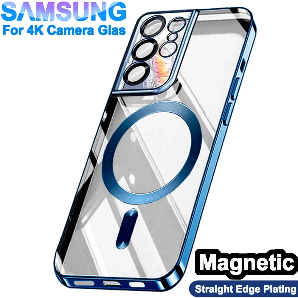 Original Wireless Magnet Plating Cover For Magsafe Case Samsung Galaxy S21 S23 Fe S22 Plus S24 Ultra 4K Glas Full Camera Protect