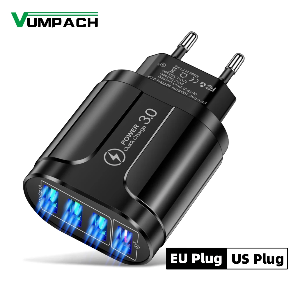 4 USB 45W USB Charger Fast Charge QC 3.0 Wall Charging For iPhone 15 14 Samsung Xiaomi Mobile 4 Ports EU US Plug Adapter Travel