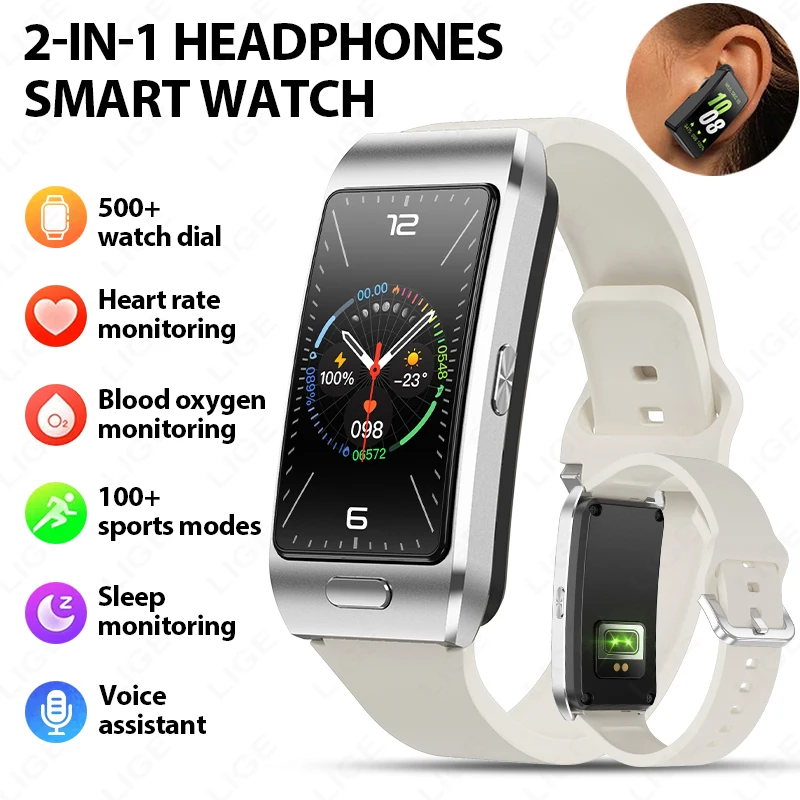 LIGE New 2in1 Headphones Smart Watch Voice Call Smartwatch TWS Bluetooth Earbuds Heart Rate Blood Oxygen Monitor Sports Bracelet