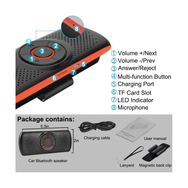 Car Bluetooth Speaker Bluetooth in Car Speakerphone for Handsfree Talking, Wireless Car Music Player with Visor Clip - Image 2